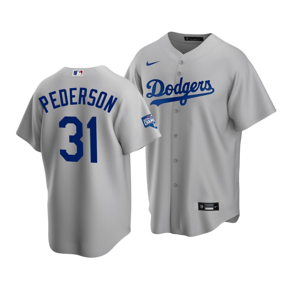 Men's Los Angeles Dodgers #31 Joc Pederson Grey 2020 World Series Champions Home Patch Stitched Jersey